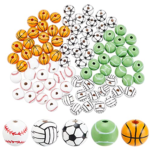 SUNNYCLUE 100 Stück 5 Stil Holz Sportperlen Fußball Holzperlen Baseball Basketball Tennis Perlen Volleyball Fußball Bemalte Natürliche Abstandshalter Lose Perlen Für Die Schmuckherstellung DIY Basteln von SUNNYCLUE