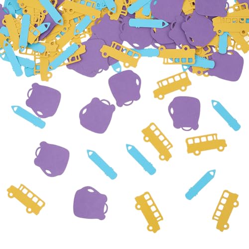 SUNNYCLUE 100 Stück Papierkonfetti Schulthema Konfettibeutel Bleistiftbus Konfetti Schulanfangskonfetti Blau Gelb Lila Tischkonfetti Für Partyzubehör Schulfeier Abschlussdekorationen von SUNNYCLUE