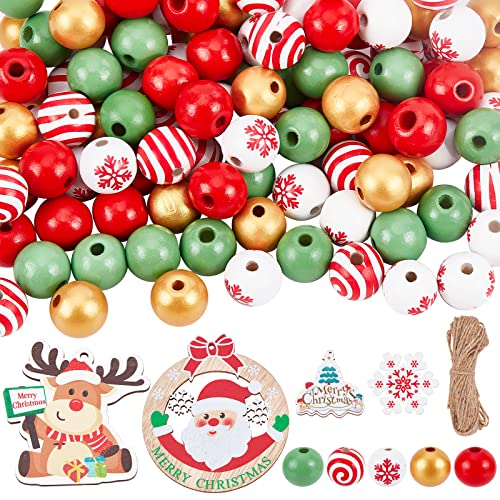 SUNNYCLUE 100pcs Weihnachtsperlen Weihnachten Holzperlen Zum Basteln Rentier Charms Holz Weihnachtsanhänger Rund Bemalte Perlen Spiralperlen Juteschnur Weihnachtsbaumschmuck Festival Wohnkultur von SUNNYCLUE