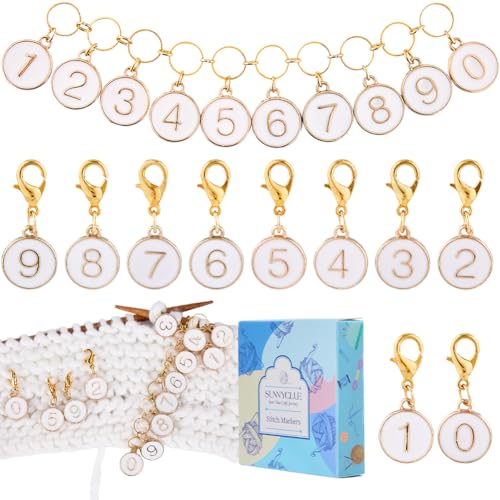 SUNNYCLUE 11 Stück Nummer 0~9 Maschenmarkierer Charms Weiß Reihenzählerketten Legierung Emaille Abnehmbarer Goldfarbener Karabinerverschluss Verriegelbarer Metall Stichmarkierer Zum Häkeln Basteln Han von SUNNYCLUE