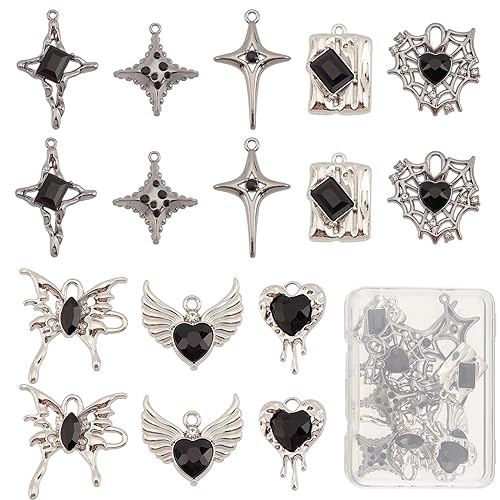 SUNNYCLUE 16 Stück 8 Stile Schwarze Gothic Charms Strass Charm Bulk Halloween Herz Schmetterlingsflügel Stern Spinnennetz Legierung Glas Charms Für Die Schmuckherstellung Charms DIY Handwerk Hallowee von SUNNYCLUE