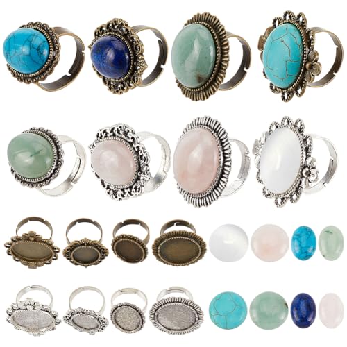 SUNNYCLUE 16 Stück DIY 8 Sätze Ringlünetten Rohlinge Natursteine Cabochons Antik Stil Verstellbarer Fingerring Rohling Komponenten Edelsteine Ringe Herstellungsset Ovaler Runder Flacher Cabochon Für S von SUNNYCLUE