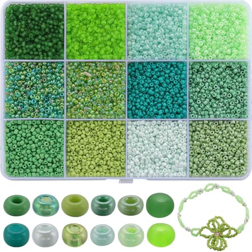 SUNNYCLUE 1Box Mit 9600Stück Grün Seed Beads Glas Seed Beads 2mm Small Pony Beads Bulk Spring St Patricks Day Glasperlen Taille Perlen Seed Bead Mini Spacer Perlen für Schmuck Making Beading Kits DIY von SUNNYCLUE