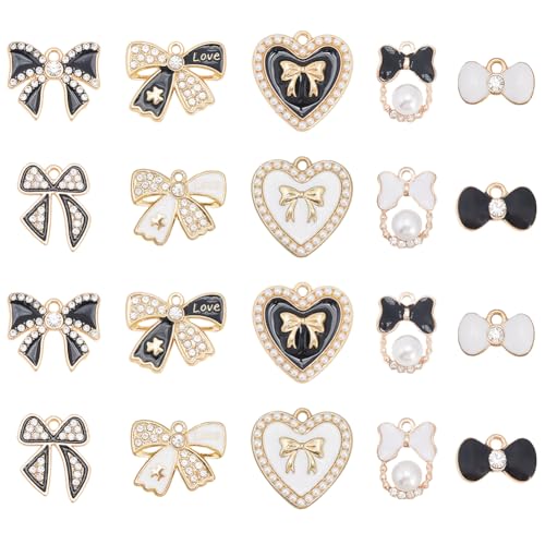 SUNNYCLUE 20 Stück 10 Stile Bunte Schleifen Anhänger Strass Emaille Anhänger Ästhetisch Schwarz Weiß Schleife Herz Baumelnde Legierung Anhänger Befunde Für Die Schmuckherstellung Halsketten Armbänder von SUNNYCLUE
