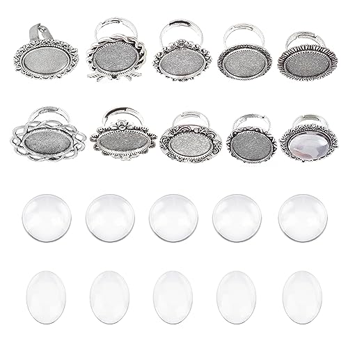 SUNNYCLUE 20 Stück DIY 10 Sets Vintage Stil Fingerring Rohlinge Verstellbare Leere Glas Cabochon Ringeinstellungen Cabochon Ringe Basis Kit Für Die Schmuckherstellung Anfänger Komponentenzubehör Antik von SUNNYCLUE