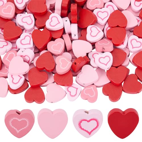 SUNNYCLUE 200 Stück 4 Stile Herzförmige Holzperlen Holzherzperlen Großpackung Zum Valentinstag Rosarot Romantisches Doppel Liebesmuster Herzen Perlen Für Armbänder Perlenketten Schlüsselanhänger Passe von SUNNYCLUE