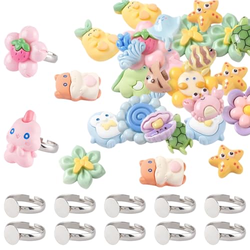 SUNNYCLUE 30 Set Harz Ringrohlinge Cabochon Ring Set Verstellbar Niedlich Schöne Tier Meeres Ozean Und Floridnform Verkleidung Lünettentablett Cabochon Für Schmuckherstellung Set Für Geburtstagsfei von SUNNYCLUE