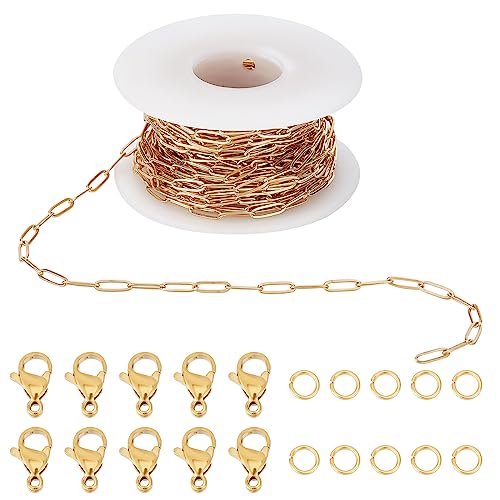 SUNNYCLUE 32.8 Fuß/10 m Büroklammer Kettenspule Edelstahl Büroklammerketten Goldfarben 50 offene Biegeringe 20 Karabinerverschlüsse Für Schmuckherstellung Halskette Armband DIY Basteln Erwachsene von SUNNYCLUE