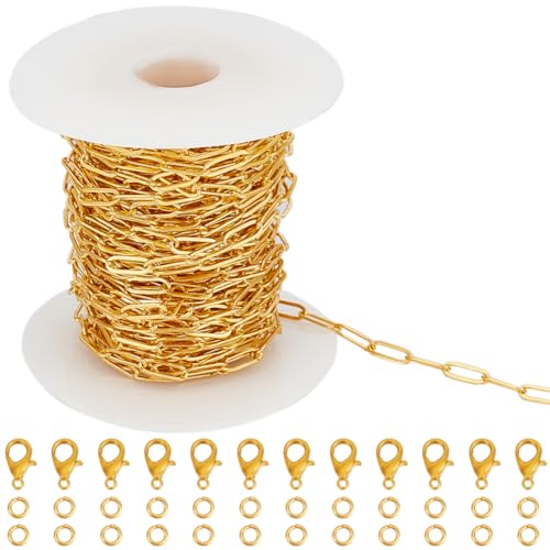SUNNYCLUE 33 Fuß/10m 3.5mm Büroklammer Kette Gliederkette Metall Messingketten Großpackung Golden Rechteck Quadrat Zugverlängerung Schlüssel Passende Verbindungsstücke Ketten Für Schmuckherstellung von SUNNYCLUE