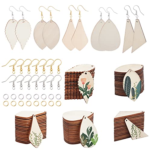 SUNNYCLUE 5 Stile 100 Stück Holz-Ohrring-Charms, unlackiert, Naturholz, Blatt-Tropfen-Anhänger mit Ohrringhaken & Binderingen für Anfänger, DIY, Ohrringherstellung, Schmuck, Basteln, Erwachsene von SUNNYCLUE