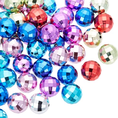 SUNNYCLUE 50 Stück Acryl Diskoperlen Spiegelkugel Perlen Große Menge Bunte Facettierte Runde Kugeln Reflektierende Spiegelkugeln Kleine Lose Abstandsperlen Zur Schmuckherstellung Armbänder Halsketten von SUNNYCLUE
