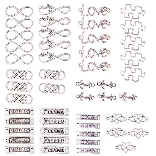 SUNNYCLUE 50 Stücke 10 Stil Connector Charms Anhänger Inspiration Worte Unendlichkeit Liebe Herz Brief Armband Connectors Für Schmuckherstellung Zubehör DIY Halskette Armband Crafting von SUNNYCLUE