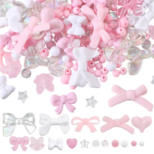 SUNNYCLUE 500 Stück 16 Stile Rosa Perlen Sets Mit Schleifenperlen Acryl Schleifen Anhänger Liebe Süß Romantisch Kawaii Herz Stern Florid Runde Abstandshalter Für Die Schmuckherstellung DIY Ohrringe Ar von SUNNYCLUE