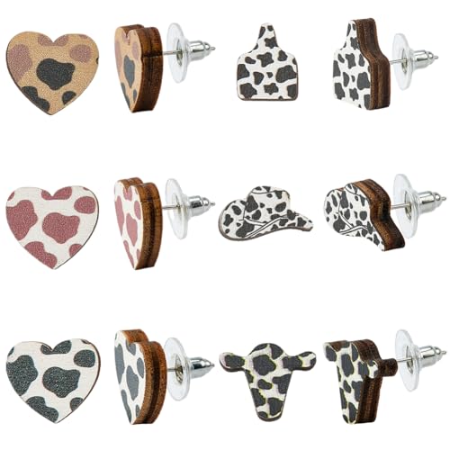 SUNNYCLUE 6 Paar Cowboy Ohrstecker Western Cowboy Charm Kuh Tierhut Herz Charms Holz Ohrstecker Naturholz Charm Holz Ohrstecker Für Damen Und Herren Modeschmuck Geschenkartikel von SUNNYCLUE