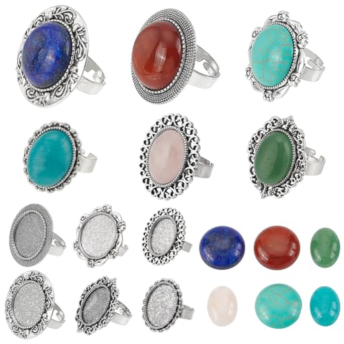 SUNNYCLUE 6 Sets Cabochon Ring Set Cabochon Fassungsringe Verstellbare Ringe Bulk Heilungsenergie Glücks Türkis Edelsteine Vintage Stein Cabochon Ringe Edelstein Cabochon Für Schmuckherstellungs Kits von SUNNYCLUE