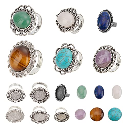 SUNNYCLUE 6 Stück 6 Stile Verstellbare Leere Blumen-Cabochon-Ringverbinder Cabochon-Lünettenfassungen Mit 6 runden Ovalen 18 mm / 28 mm Edelstein-Cabochons Für Die DIY-Ringherstellung von SUNNYCLUE