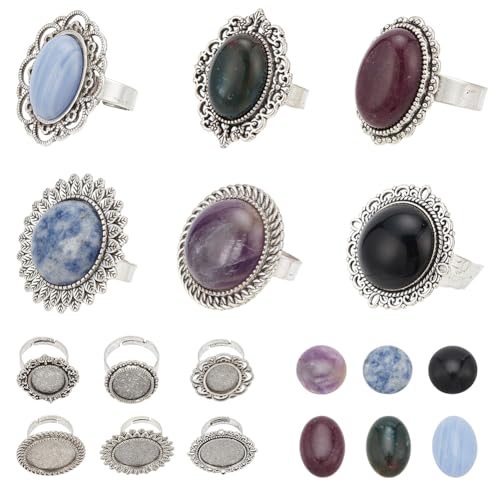 SUNNYCLUE 6 Stück Cabochon Fassungen Ringe Lünette Ringrohlinge Naturstein Cabochon Vintage Stil Verstellbare Ringrohlinge Heilende Energie Flache Rückseite Edelstein Cabochons Für Schmuckherstellungs von SUNNYCLUE