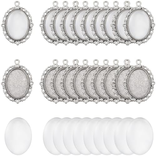 SUNNYCLUE 60 Stück DIY 30 Sets Anhänger Lünettenrohlinge Ovale Cabochon Tabletts Antik Silber Cabochon Rohlinge Mit Glascabochons Cabochon Lünettenfassungen Foto Charms Blendenrahmen Für Schmuckherste von SUNNYCLUE