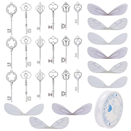 SUNNYCLUE 61 Stk. Skelett Fliegende Schlüssel Charms Tibetisches Silber Verzauberte Schlüsselanhänger Mit Libellenflügeln Charm 11.48 Yards Elastische Kristallschnur Für DIY Schmuckherstellung von SUNNYCLUE