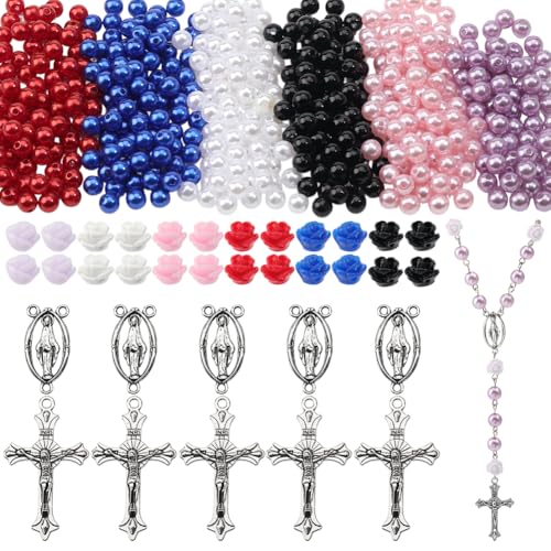 SUNNYCLUE 696 Stück Rosenkranz Bastelsets Vintage Kruzifix Anhänger Osterkreuz Anhänger Rosenkranzkreuze Rote Und Rosa Rosenblütenperlen Kunstperlen Für Die Schmuckherstellung Zubehör Zum Selbermachen von SUNNYCLUE