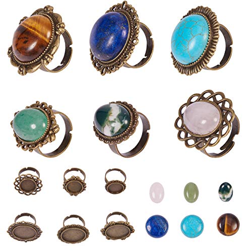 SUNNYCLUE 6Stil 12Stück Antike Bronze Jahrgang Einstellbare Blank Flower Cabochon Ring Einstellungen mit Round 20mm Edelstein Cabochons für DIY Ring Kit Schmuckherstellung Tigerauge Rosa Kristall von SUNNYCLUE