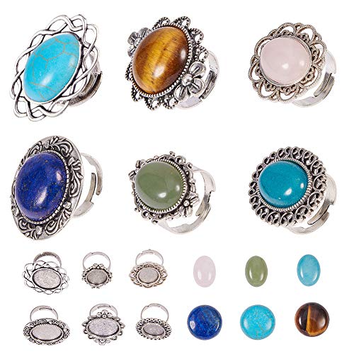 SUNNYCLUE 6Stil 12Stück Antikes Silber Jahrgang Einstellbare Blank Flower Cabochon Ring Einstellungen mit 6pcs Round 20mm Edelstein Cabochons für DIY Ring Kit Schmuckherstellung Tigerauge Stein Türkis von SUNNYCLUE