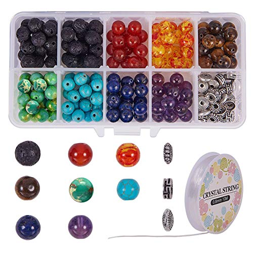 SUNNYCLUE 8mm Natürliche 7 Chakra Lava Stein Perlen Runde Lose Perlen Kit Spacer Perlen mit Kristallketten für ätherisches Öl Schmuckherstellung Perlen Zubehör Basteln Beads Zubehör Armbänder von SUNNYCLUE