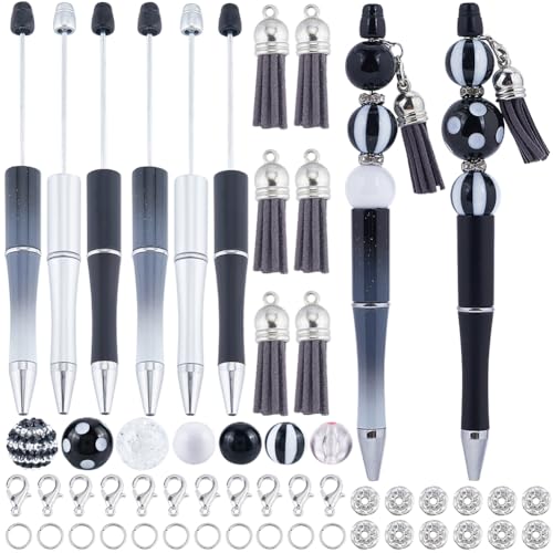 SUNNYCLUE DIY 12 Sets Perlenstift Mit Perlen Schwarz Weiß Acrylperlenstiftherstellungsset 20 mm Strass Kaugummiperlen Kugelschreiber Perlenstiftzubehör Stiftperlen Kits Für Damen Herren Büro Schule von SUNNYCLUE