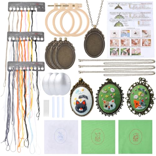 SUNNYCLUE DIY 3 Sets Stickset Für Anhänger Sticksets Für Halsketten Mit Anleitung Faden Nadel Reifen Ketten Süßes Stichset Mit Katzenmotiv Für Pullover Halsketten Basteln Schmuckherstellung Anfänger von SUNNYCLUE