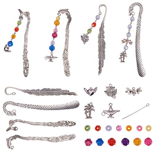 SUNNYCLUE DIY 4er Set Metallhaken Lesezeichen Bastelset 4er Set Delphinblatt Drachen Vogel Lesezeichen, Bunte Perlen, Herz/Baum/Flagon/Eule Charm Anhänger, Antik Silber von SUNNYCLUE