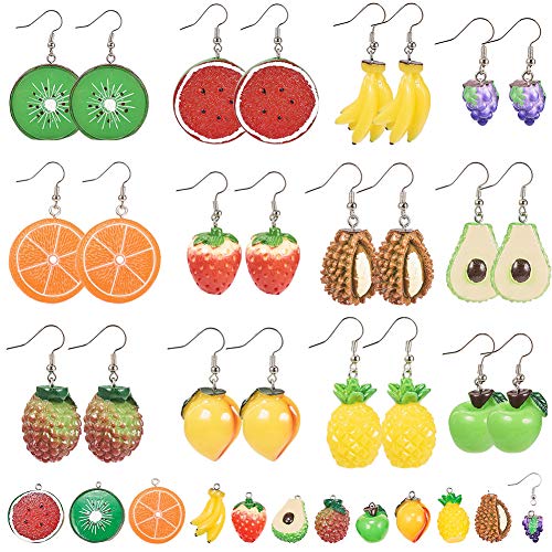 SUNNYCLUE 12 Paar Niedliche Obst-Ohrringe Zum Selbermachen, 3D-Harz, Wassermelone, Zitrone, Traube, Durian, Litschi, Kiwi, Erdbeere, Anhänger, Charms Für Die Schmuckherstellung, Zubehör von SUNNYCLUE