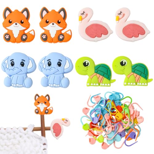 SUNNYCLUE Knitting Needles Stopper Knitting Needle Protectors 60Pcs Locking Stitch Markers mit 8Pcs Silikon Focal End Caps Animal Fox Elephant Silicone Beads Stitch Stoppers for Crochet von SUNNYCLUE