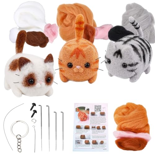 SUNNYCLUE Nadelfilz-Kits, Tier-Nadelfilz-Starter-Set, Katzenwolle, Roving-Set, inklusive Anleitung (evtl. nicht in deutscher Sprache), Schaumstoffnadeln, Schlüsselanhänger, Werkzeuge, Zubehör für von SUNNYCLUE