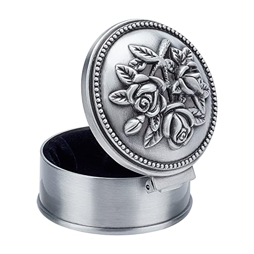 SUNNYCLUE Runde Vintage Schmuckschatulle Schmuckkästchen Geschenk Aufbewahrungsbox Klassisch Klein Mental Mit Blume Europäischer Retro-Stil Ohrring Schatztruhe Organizer Für Frauen Erwachsene Silber von SUNNYCLUE