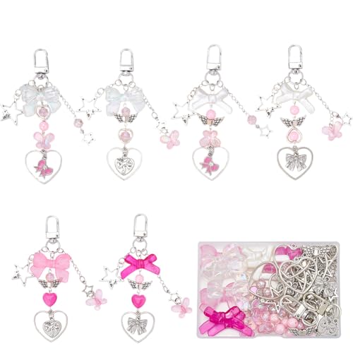 SUNNYCLUE Schlüsselanhänger Bastelset Perlen,Rosa Schlüsselanhänger,Basteln Dekorative Anhänger Herstellung Kit Bowknot Herz Liebe Romantische Mit Schleife Schleifenperlen Acrylglas Abstandshalter von SUNNYCLUE