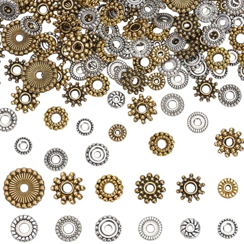 SUNNYCLUE Tibetische Metallperlen, flache Abstandshalter aus Legierung, großes Loch, rund, gemischte Formen, Vintage-Retro-Stil, lose Abstandshalter für Schmuckherstellung, Armbänder, Halsketten SUNNYCLUE Tibetische Metallperlen, flache Abstandshalter aus Legierung, großes Loch, rund, gemischte Formen, Vintage-Retro-Stil, lose Abstandshalter für Schmuckherstellung, Armbänder, Halsketten von SUNNYCLUE