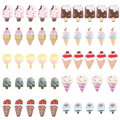 SUNNYCLUE 1 Box 50pcs Eiscreme Harz Charms Cabochons Lutscher Harz Schleim Charms Gemischte Farbe Flatback Plastik Knöpfe Cabochons Zubehör Ornamente Für DIY Scrapbooking Handwerk Dekoration von SUNNYCLUE