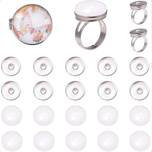 Sunnyclue 1 Box 62-Teiliger Knopf Cabochon Fingerring 19 mm (0.75 Zoll) Verstellbare Ringkomponenten Mit Glaskabochons Und Messing-Druckknöpfen Basislünette Tablett Einstellungen Schmuckherstellung von SUNNYCLUE