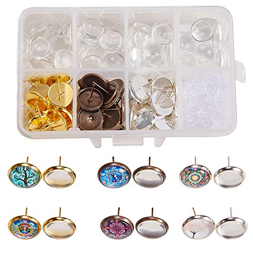 SUNNYCLUE 1 Box 120Stück 12mm DIY 30Paar Cabochon Anhänger Ohrstecker Bastelset Kit zur Schmuckherstellung Lünette Ohrring Einstellungen mit Klarglas Cabochons Ohrringhaken Frauen Erwachsene 3Farbe von SUNNYCLUE