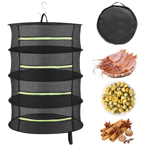 SUNOYA Kräutertrockner Trockennetz Kräuter, 4-stufiges, Faltbar Hängend mit Reißverschluss, Hochleistungs-Trockenregal für Kräuter, Gemüse, Fisch, Inkl. 8 Haken + Outdoor-Aufhängesystem von SUNOYA