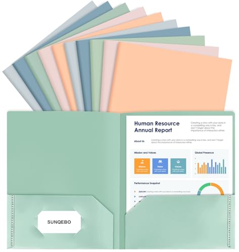 SUNQEBO Kunststoff-Ordner mit Taschen, robuste Fächer, Ordner mit Business-Fach, 2 Fächer, passend für Dokumente in Briefgröße, für Schule, Büro, Lehrer, 10 Stück, Pastellfarben von SUNQEBO