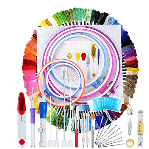 Stickerei-Starter-Set von 140 Teilen, Kreuzstichstich, inklusive Magic- Stickereistift, Stanznadel, 5 Stück Stickrahmen, 2 Kreuzstich-Tücher, 100 Stück Kreuzstichfäden Stickerei-Starter-Set von 140 Teilen, Kreuzstichstich, inklusive Magic- Stickereistift, Stanznadel, 5 Stück Stickrahmen, 2 Kreuzstich-Tücher, 100 Stück Kreuzstichfäden von SUNREEK