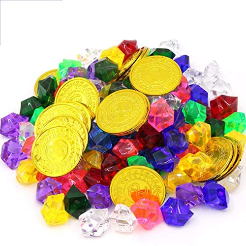 SUNRIZ 50 Stück Piratenmünzen 100 Stück Piraten-Edelsteine, mehrfarbige Goldmünzen des Piratenschatzspielzeugs und Piraten-Edelstein-Set für Kinder, Piraten-Partytüten von SUNRIZ
