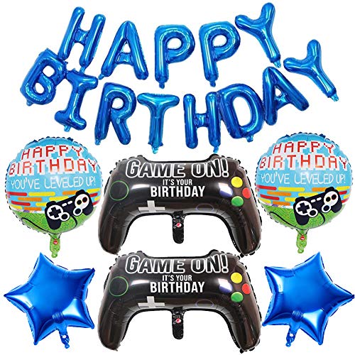 Geburtstagsballons Happy Birthday Girlande Gamepad Folienluftballon Runde Luftballons Blau Stern Folienballon Geburtstag Deko Videospiel Party Zubehör für Jungen Kinder 7 Stück von SUNSK