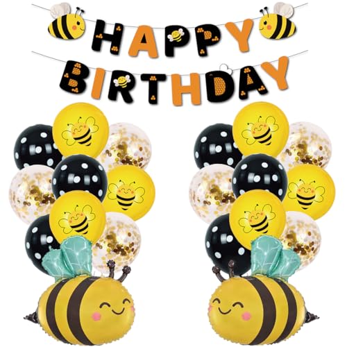 SUNSK Biene Luftballons Geburtstagsballons Happy Birthday Girlande Runde Latexballon Insekt Biene Helium Folienballon Geburtstag Deko für Kinder 21 Stück von SUNSK