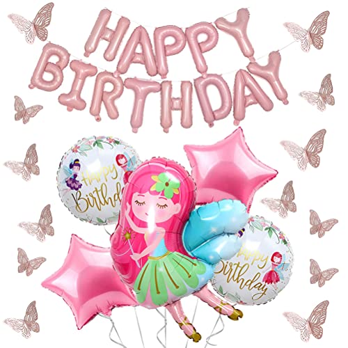 SUNSK Fee Geburtstags Luftballons Happy Birthday Girlande Rose Gold Stern Folienballon Schmetterling Wall Sticker Aufkleber für Kinder Mädchen Fairy Party Dekoration von SUNSK