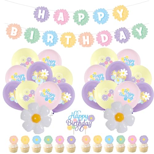 SUNSK Gänseblümchen Luftballons Geburtstagsdeko Happy Birthday Banner Runde Latexballon Blume Folienballon Daisy Cupcake topper Geburtstag Party Dekoration für Kinder (34 Stück) von SUNSK
