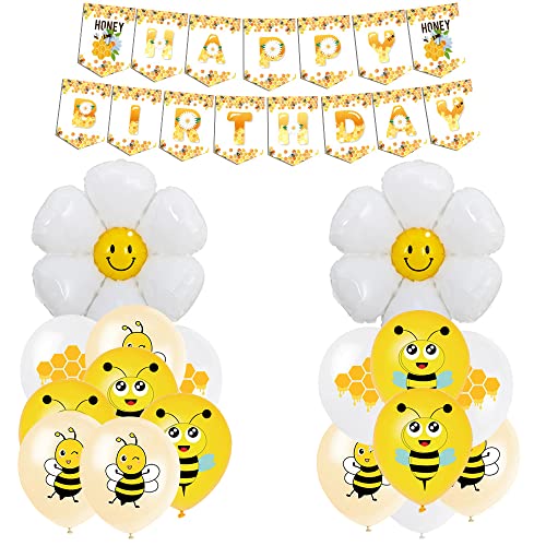 SUNSK Geburtstagsballons Biene Luftballons Gänseblümchen Blume Folienballon Gelb Biene Latexballon Happy Birthday Girlande Geburtstag Deko für Kinder (18 Stück) von SUNSK