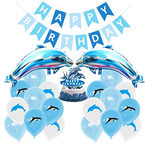 SUNSK Geburtstagsballons Delfin Luftballons Helium Happy Birthday Girlande Runde Latexballon Blau Kindergeburtstag Folienballon Delfin Tortendeko Geburtstag Deko für Kinder 22 Stück von SUNSK