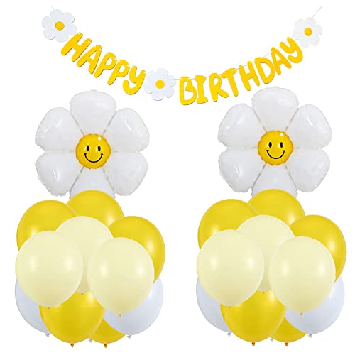 SUNSK Geburtstagsballons Gänseblümchen Luftballons Blume Folienballon Happy Birthday Girlande Runde Latexballon Gelb Weiss Ballons Geburtstag Deko für Kinder (25 Stück) von SUNSK
